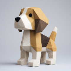 A geometric dog figure featuring a mix of tan, brown, and white colors, crafted with a soft, felt-like texture, showcasing vibrant and playful character.