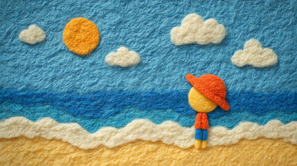 A whimsical scene featuring a felted character by the ocean, with vibrant colors and playful textures capturing a sunny beach atmosphere.