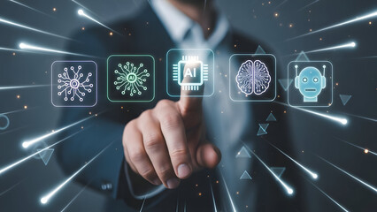 Close-up hand selecting floating artificial intelligence icons, light blur background, soft glow, shallow depth of field, minimal tech UI