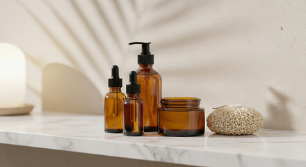 Various amber bottles with dispenser, dropper, and jar, showcasing organic skincare products, representing wellness, natural beauty, and self-care routine