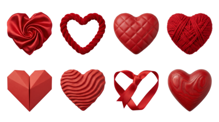 Red heart set including fabric, rope, quilted leather, yarn, origami, wavy, ribbon, and wood textures isolated. Valentine day and romantic design collection.