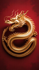 Obraz premium Coiled Golden Chinese Dragon Illustration on Textured Red Background for Lunar New Year Celebration and Cultural Events