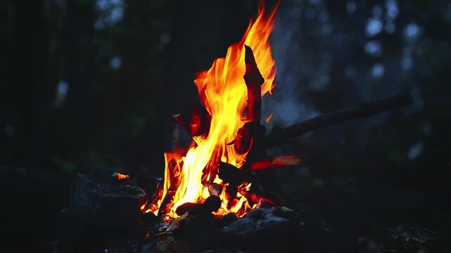 Bright campfire at night in wild nature, dramatic firelight on dark background symbolizing adventure