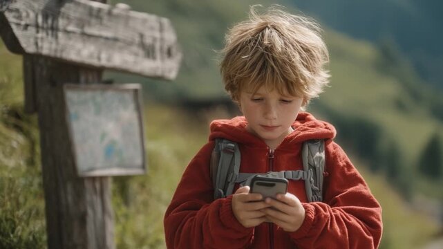 Curious Boy Exploring Trail App Outdoors