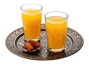 angled view of juice with decorative plate for iftar, isolated on white background.
