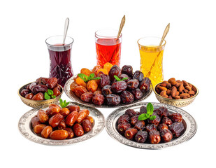 A luxurious Ramadan Iftar spread featuring a variety of dates and refreshing drinks in crystal glasses, isolated on white background.