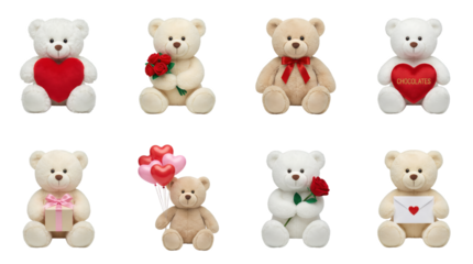 Teddy bear set including plush toys with red hearts, roses, balloons, gift box, and love letter isolated. Valentines day and romantic gift collection.