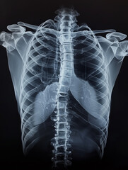 A front view X-ray image showcasing a detailed skeletal structure and lung outline in stark contrast against a dark background.