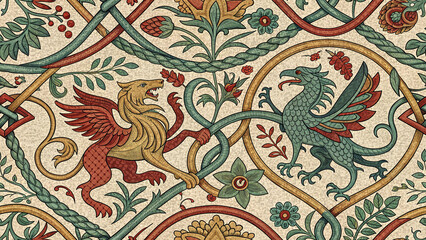 Seamless medieval fantasy pattern with griffin and lion