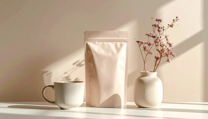A serene still life setup featuring a coffee cup, pouch, and vase with flowers on a white surface, soft natural light