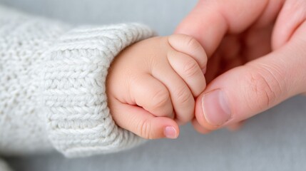 Detail shot of a tiny baby hand wrapping around an adult's finger, tender connection, close up, natural light, emotional and gentle moment, shallow depth