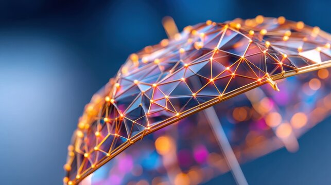 Cybersecurity concept, abstract digital shield made of glowing polygons and data lines, protecting the center, dark blue background, matrix style rain