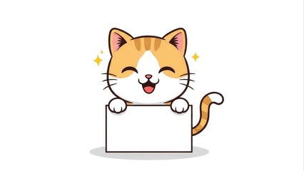 Fototapeta premium Cute cartoon cat character holding a blank white sign or banner with a cheerful, smiling expression, isolated on white background.