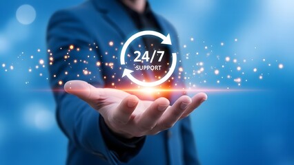 Professional Business Support Concept with 24/7 Service Icon Glowing Above Hand, Customer Care and Technical Assistance