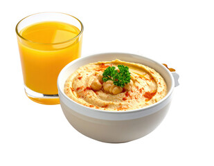 close-up of hummus with orange juice for iftar, isolated on white background.