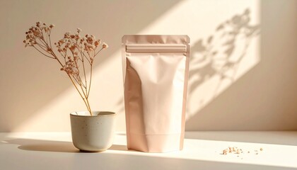 A small vase with dried flowers stands beside a pink pouch on a table, casting shadows on the wall behind.