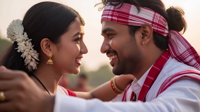 Dancers in White Sarees With Red Sashes Performing on Bihu Festival of Assam