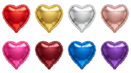 Heart balloon set including red, gold, silver, rose, pink, maroon, blue, and purple metallic foil variants isolated. Romantic celebration and party collection.