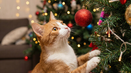 Cat playing with hanging ornament near Christmas tree indoors  