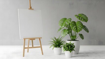 Artist Studio Interior with Blank White Canvas on Easel and Potted Monstera and Fern Plants