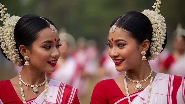 Dancers in White Sarees With Red Sashes Performing on Bihu Festival of Assam