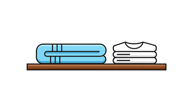 Folded blue towels and white tshirts on a brown shelf