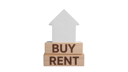 White house model rests on two wooden blocks featuring the words buy and rent on a dark plain background illustrating real estate decisions and proper