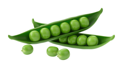 Vibrant fresh green peas in open pods and scattered below against a stark black background with studio lighting highlighting healthy organic vegetable