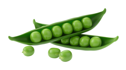 Vibrant fresh green peas in open pods and scattered below against a stark black background with studio lighting highlighting healthy organic vegetable
