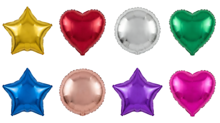 Metallic foil balloon set including star, heart, and round shapes in multiple colors isolated. Birthday party and celebratory decoration collection.