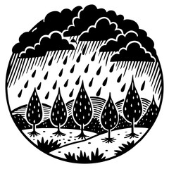 Rainy landscape with trees and stormy clouds