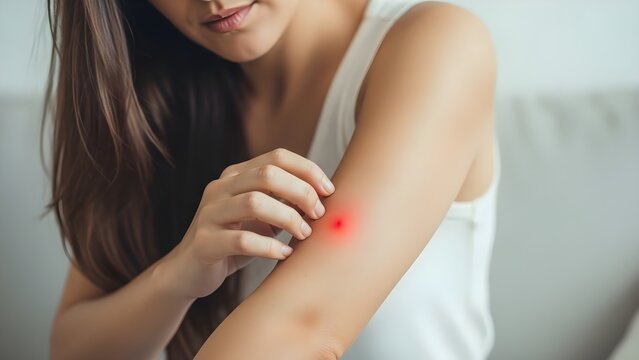Woman scratching itchy skin on arm with red irritation