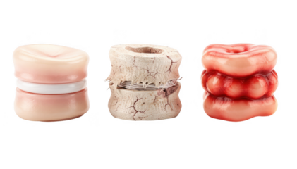 Comparative photo of three spine discs isolated on white background showing normal degenerative disc with worn textures and inflamed discitis with redness and swelling effects.