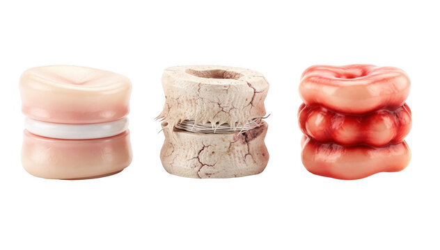 Comparative photo of three spine discs isolated on white background showing normal degenerative disc with worn textures and inflamed discitis with redness and swelling effects.