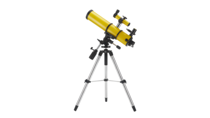 Bright yellow astronomical telescope on a silver tripod for stargazing and scientific observation isolated on a pure black background studio shot equi