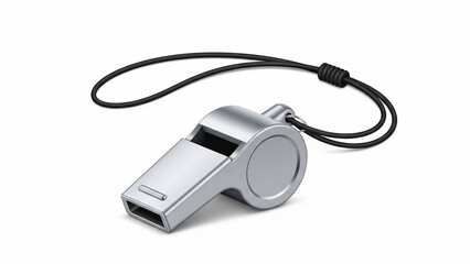Silver Whistle with Black Lanyard on White Background