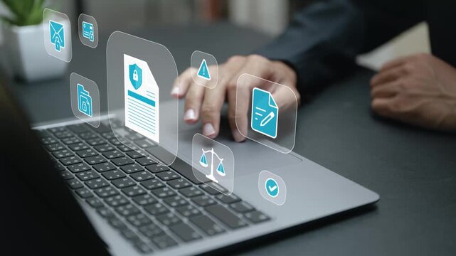 Business professional managing digital documents under data protection policy. Privacy compliance, information security, regulatory control and governance framework in modern digital business systems.