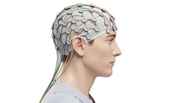 Side profile of a patient wearing a capstyle EEG electrode setup showing detailed sensor placements on scalp with a white backdrop for clinical focus.