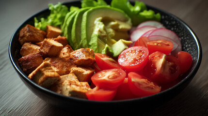 Plant Based Buddha Bowl with Fried Tofu Avocado and Cherry Tomatoes