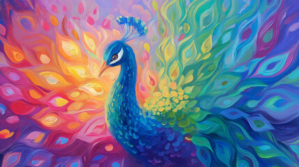 Fototapeta premium Peacock painting with rainbow feathers suitable for home decor, stationery, art prints, clothing designs, and social media graphics.
