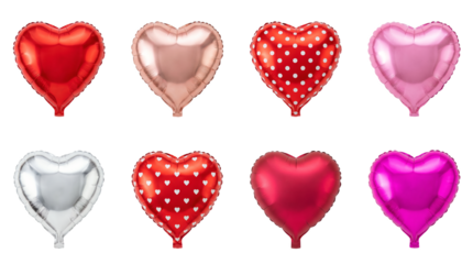 Heart shaped foil balloon set including red, pink, rose gold, silver, and patterned designs isolated. Valentine day decoration and party celebration symbols.