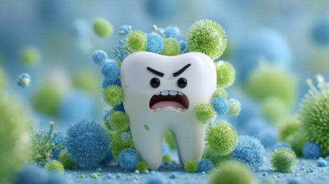 Cartoon tooth character angrily surrounded by colorful germs in a playful dental illustration