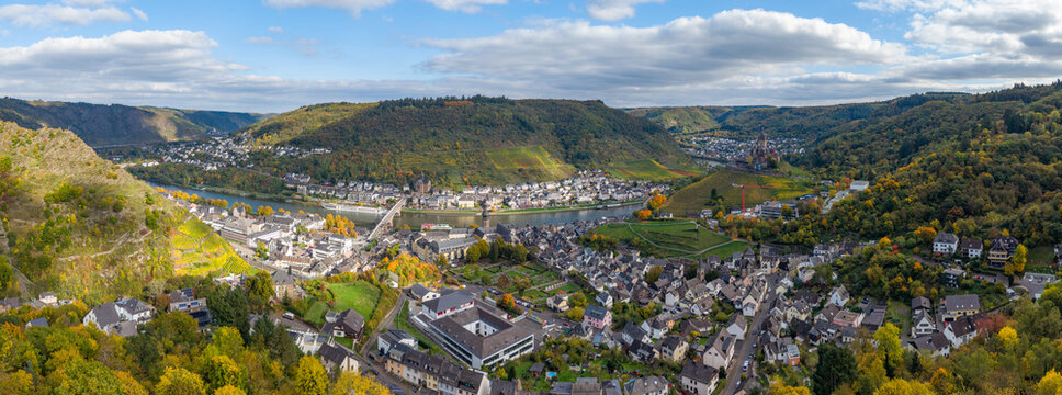 Aerial view of Cochem town with Reichsburg castle at the moselle river in Germany. Europe