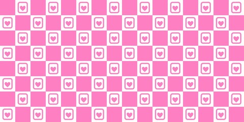 Seamless pink checkerboard pattern with cute heart icons in rounded frames. Aesthetic y2k style background for romantic themes, Valentine's Day, and trendy surface design.
