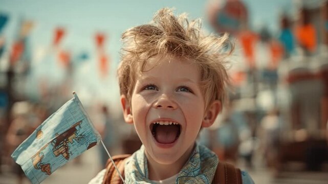 Joyful Boy at Mini Summit with Flag and Cheerful Parent