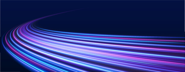 Futuristic neon laser lines flow along city streets in the dark. Glowing motion trails, energy waves, and swirling lines illustrate dynamic speed and traffic flow at night. Vector illustration.