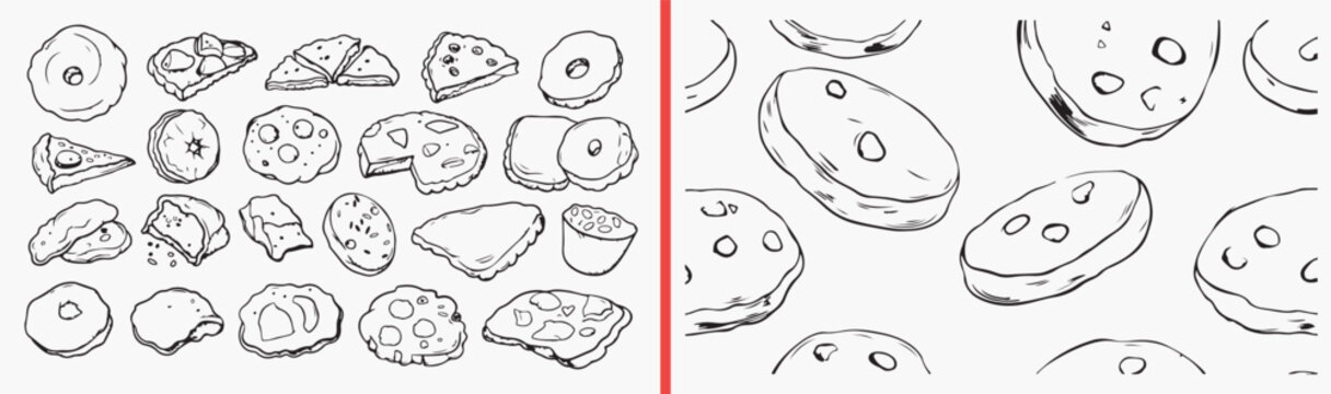 Cookies pattern icon set, sweet dessert background, cookie doodle outline icons, bakery vector pattern, chocolate cookie icons, dessert line pattern, food background pack

