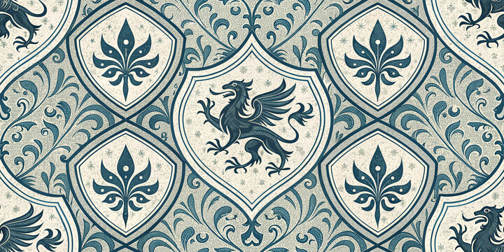 Vintage heraldic pattern with griffin and floral elements, a regal design