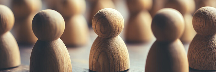 A series of wooden figures arranged in a lineup, showcasing a natural wood grain texture. The figures vary slightly in size, emphasizing their handcrafted quality and unique character.