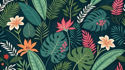 Fototapeta premium Vibrant tropical leaves and flowers in dark green background
